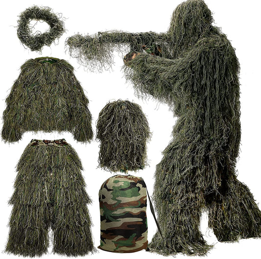 5 in 1 Ghillie Suit, 3D Camouflage Hunting Apparel Including Jacket, Pants, Hood, Carry Bag Suitable for Unisex Adults/Youth (M/L/XL/XXL)