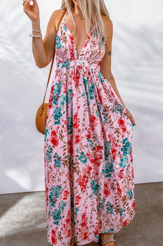 Printed Pleated V Neck Crossed Strappy Back Dress